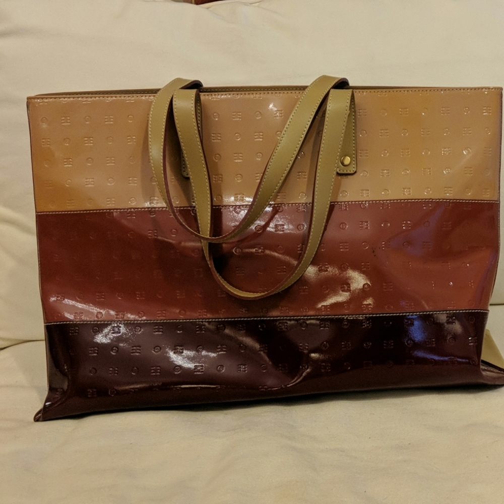 Arcadia pink berry burgundy patent leather tote